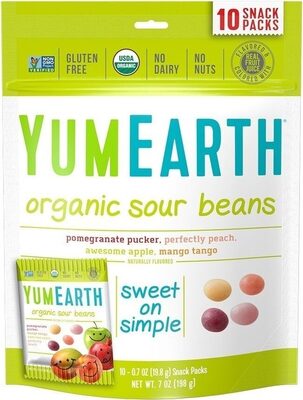 Organic Sour Beans, Pomegranate Pucker, Perfectly Peach, Awesome Apple, Mango Tango