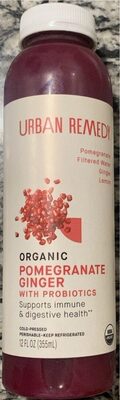 Pomegranate Ginger With Probiotics Pomegranate, Filtered Water, Ginger, Lemon Organic Cold-Pressed Juice, Pomegranate Ginger