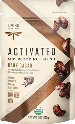 Dark Cacao Activated Superfood Nut Blend With Sprouted Almonds, Raw Cashews, Blueberries, Coconut Chips And Live Probiotics, Dark Cacao