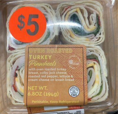 Oven Roasted Turkey Pinwheels With Oven Roasted Turkey Breast, Colby Jack Cheese, Roasted Red Pepper, Lettuce & Cream Cheese On Lavash Bread, Oven Roasted Turkey