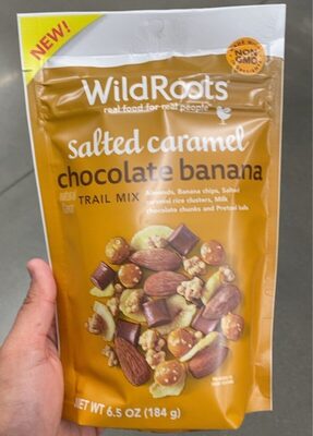 Salted Caramel Chocolate Banana Flavor Almonds, Banana Chips, Salted Caramel Rice, Clusters, Milk Chocolate Chunks And Pretzel Balls Trial Mix, Salted Caramel Chocolate Banana