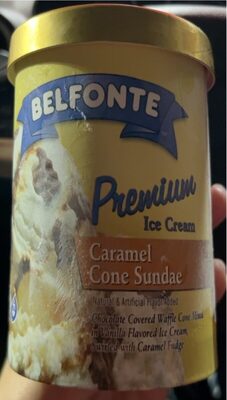 Caramel Cone Sundae Chocolate Covered Waffle Cone Mixed In Vanilla Flavored Ice Cream, Swirled With Caramel Fudge Premium Ice Cream, Caramel Cone Sundae
