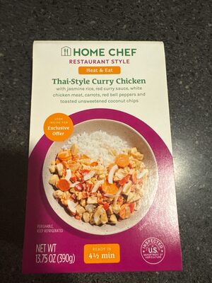 Thai-Style Curry Chicken With Jasmine Rice, Red Curry Sauce, White Chicken Meat, Carrots, Red Bell Peppers And Toasted Unsweetened Coconut Chips, Thai-Style Curry Chicken