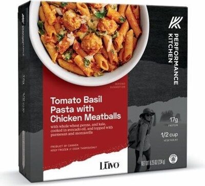 Tomato Basil Pasta With Chicken Meatballs With Whole Wheat Penne, And Kale, Cooked In Avocado Oil, And Topped With Parmesan And Mozzarella, Tomato Basil With Chicken Meatballs