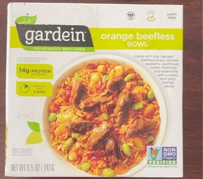 Orange Be'F Made With Rice, Plant-Based Be'F Bites, Red Bell Peppers, Cauliflower, Water Chestnuts And Edamame With A Sweet And Spicy Orange Sauce Bowl, Orange Be'F