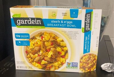 Ste'K & E'Gs Plant-Based Ste'K With Potatoes, Scrambled E'Gs, Red Bell Peppers & Onion In An Herb Sauce Breakfast Bowl, Ste'K & E'Gs