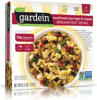 Southwest Style Saus'Ge & Veggie Roasted Potatoes, Plant-Based Saus'Ge, Scrambled E'Gs, Bell Peppers, Black Beans, Yellow Corn And Vegan Mozz'Rella Shreds In A Cilantro & Lime Pesto Breakfast Bowl, Southwest Style Saus'Ge & Veggie