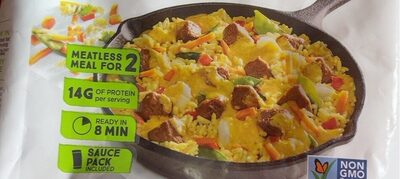 Porkless Thai Curry Rice, Gardein Porkless Bites, Bell Peppers, Snow Peas, Carrots & Water Chestnuts In A Yellow Thai Curry Sauce Skillet Meals, Porkless Thai Curry