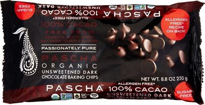 Pascha's Organic 100% Cacao Unsweetened (Sugar-Free) Dark Chocolate Chips, 8.8 Oz