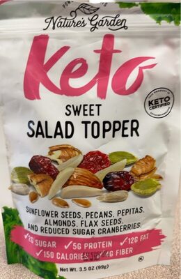 Sunflower Seeds, Pecans, Pepitas, Almonds, Flax Seeds, And Reduced Sugar Cranberries. Keto Sweet Salad Topper, Sunflower Seeds, Pecans, Pepitas, Almonds, Flax Seeds, And Reduced Sugar Cranberries.