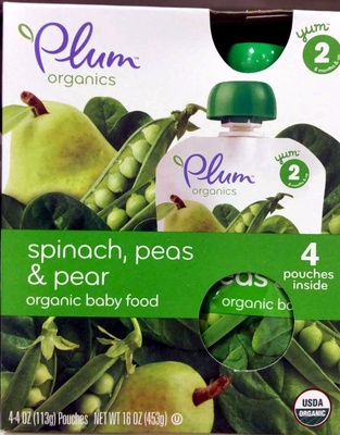 Plum Organics Stage 2 Organic Pear, Spinach & Pea 4 oz Pouch-4-Pack