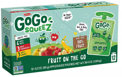 Materne Gogo Squeez Fruit On The Go Variety Pack, 3.2 Oz, 12 Count, Apple; Strawberry; Banana