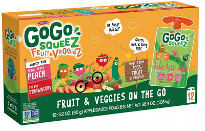Materne Gogo Squeez Fruit & Veggies On The Go Variety Pack, 3.2 Oz, 12 Count, Strawberry; Peach