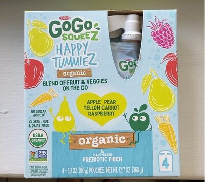 Happy Tummiez Organic Blend Fruit & Veggies On The Go, Apple; Pear; Yellow Carrot; Raspberry