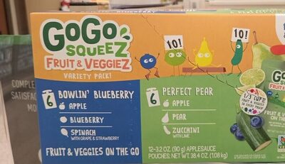 Gogo Squeez Fruit & Veggies On The Go Variety Pack!, 3.2 Oz, 12 Count, Blueberry; Pear