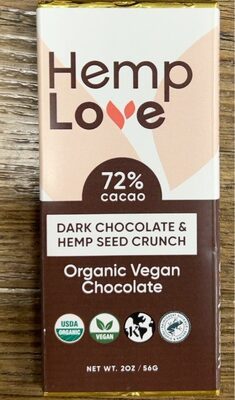 Dark Chocolate & Hemp Seed Crunch 72% Cacao Organic Vegan Chocolate, Dark Chocolate & Hemp Seed Crunch
