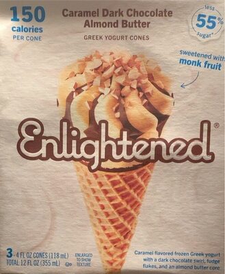 Caramel Dark Chocolate Almond Butter Caramel Flavored Frozen Greek Yogurt With A Dark Chocolate Swirl, Fudge Flakes, And An Almond Butter Core Greek Yogurt Cones, Caramel Dark Chocolate Almond Butter