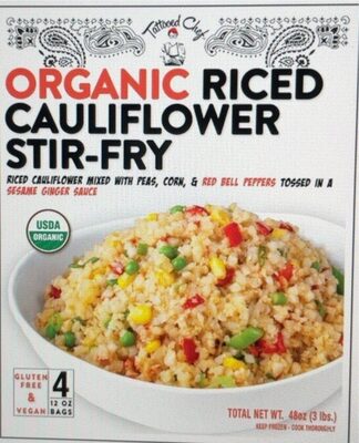 Riced Cauliflower Stir Fry Organic Riced Cauliflower Mixed With Peas, Corn & Red Bell Peppers Tossed In A Sesame Ginger Sauce, Riced Cauliflower Stir Fry