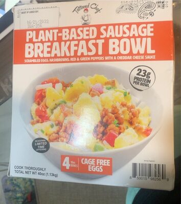 Scrambled Eggs, Hashbrowns, Red & Green Peppers With A Cheddar Cheese Sauce Plant-Based Sausage Breakfast Bowl