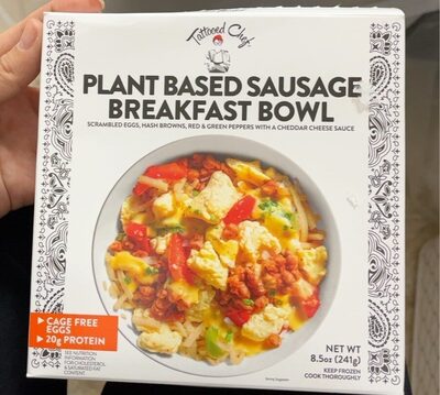 Plant Based Sausage Scrambled Eggs, Hash Browns, Red & Green Peppers With A Cheddar Cheese Sauce Breakfast Bowl, Plant Based Sausage