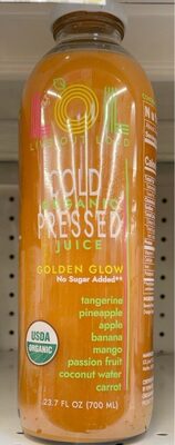Golden Glow Tangerine, Pineapple, Apple, Banana, Mango, Passion Fruit, Coconut Water, Carrot Cold Pressed Organic Juice, Golden Glow