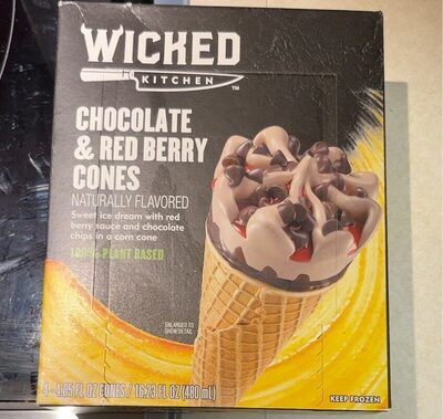 Chocolate & Red Berry Flavored Sweet Ice Dream With Red Berry Sauce And Chocolate Chips In A Corn Cones, Chocolate & Red Berry