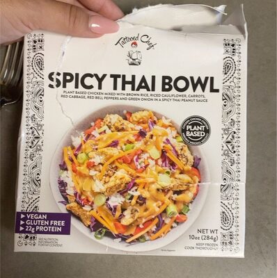 Spicy Thai Bowl Plant Based Chicken Mixed With Brown Rice, Riced Cauliflower, Carrots, Red Cabbage, Red Bell Peppers And Green Onion In A Spicy Thai Peanut Sauce, Spicy Thai