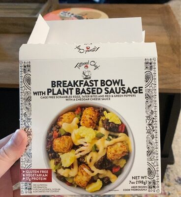 Breakfast Bowl With Plant Based Sausage Cage Free Scrambled Eggs, Tater Bites And Red & Green Peppers With A Cheddar Cheese, Plant Based Sausage