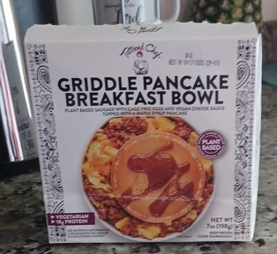 Griddle Pancake Breakfast Plant Based Sausage With Cage Free Eggs And Vegan Cheese Sauce Topped With A Maple Syrup Pancake Bowl, Griddle Pancake Breakfast