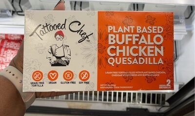 Plant Based Buffalo Chicken Grain Free Tortilla Filled With Plant Based Chicken, Cheddar Style Cheese And Buffalo Sauce Quesadilla, Plant Based Buffalo Chicken