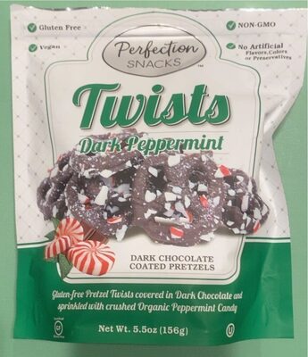 Dark Peppermint Gluten-Free Pretzel Twists Covered In Dark Chocolate And Sprinkled With Crushed Peppermint Candy, Dark Peppermint