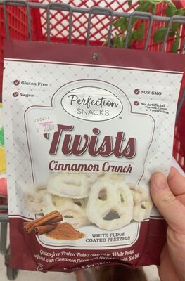 Cinnamon Crunch Gluten-Free Pretzel Twists Covered In White Fudge Infused With Cinnamon Flavor And Sprinkled With Sea Salt, Cinnamon Crunch