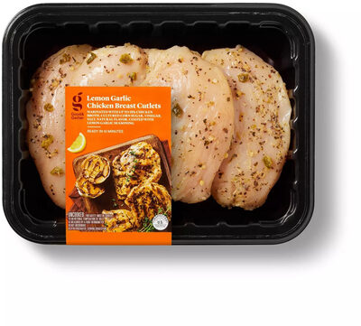 Lemon Garlic Chicken Breast Marinated With Up To 15% Chicken Broth, Cultured Corn Sugar, Vinegar, Salt, Natural Flavor, Coated With Lemon Garlic Seasoning Cutlets, Lemon Garlic Chicken Breast