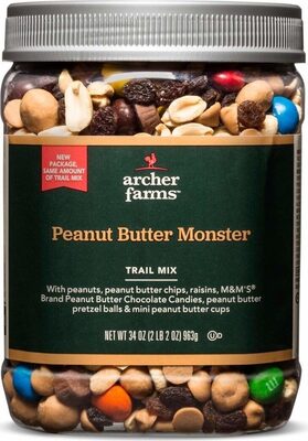 Peanut Butter Monster Trail Mix With Peanuts, Peanut Butter Chips, Raisins, M&M's Peanut Butter Chocolate Candies, Peanut Butter Pretzel Balls & Mini Peanut Butter Cups, Peanut Butter Monster