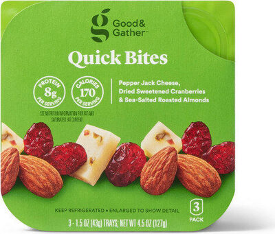 Pepper Jack Cheese, Dried Sweetened Cranberries & Sea-Salted Roasted Almonds Quick Bites, Pepper Jack Cheese, Dried Sweetened Cranberries, Sea-Salted Roasted Almonds