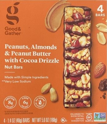 Peanuts, Almonds & Peanut Butter With Cocoa Drizzle Nut Bars, Peanuts, Almonds & Peanut Butter With Cocoa Drizzle