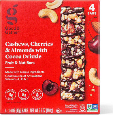 Cashews, Cherries & Almonds With Cocoa Drizzle Fruit & Nut Bars, Cashews, Cherries & Almonds With Cocoa Drizzle