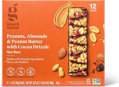 Peanuts, Almonds & Peanut Butter With Cocoa Drizzle Nut Bars, Peanuts, Almonds & Peanut Butter With Cocoa Drizzle