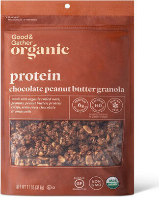 Protein Chocolate Peanut Butter Granola Made With Organic Rolled Oats, Peanuts, Peanut Butter, Protein Crisps, Semi-Sweet Chocolate & Amaranth, Chocolate Peanut Butter