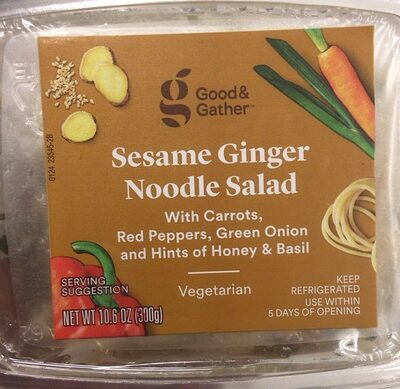 Sesame Ginger Noodle Salad With Carrots, Red Peppers, Green Onion And Hints Of Honey & Basil, Sesame Ginger Noodle