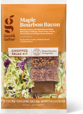 Maple Bourbon Bacon Romaine Lettuce, Shredded Broccoli Stalk, Red & Savoy Cabbage, Green Onion, Carrot, Uncured Bacon & Golden Honey Almonds Chopped Salad Kit With Maple Bourbon Vinaigrette Dressing, Maple Bourbon Bacon