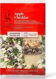 Apple Cheddar Broccoli Stalk, Savoy Cabbage, Red Cabbage, Kale, Green Cabbage, Sharp White Cheddar Cheese, Crispy Apple Chips, Dried Cranberries & Sunflower Seeds Chopped Salad Kit With Sweet Onion Vinaigrette Dressing, Apple Cheddar