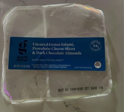 Uncured Genoa Salami, Provolone Cheese Slices & Dark Chocolate Almonds, Uncured Genoa, Provolone, Dark Chocolate