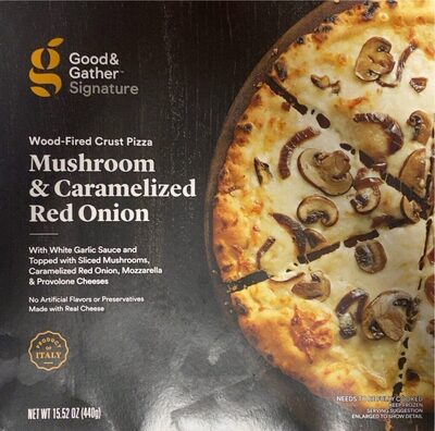 Mushroom & Caramelized Red Onion Wood-Fired Crust Pizza With White Garlic Sauce And Topped With Sliced Mushrooms, Caramelized Red Onion, Mozzarella & Provolone Cheeses, Mushroom & Caramelized Red Onion