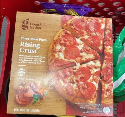 Three Meat Rising Crust Pizza With A Rich Tomato Sauce, Flavorful Uncured Pepperoni, Italian Sausage & Uncured Bacon On A Thick, Self-Rising Crust, Three Meat