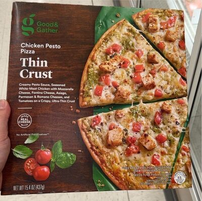Chicken Pesto Creamy Pesto Sauce, Seasoned White-Meat Chicken With Mozzarella Cheese, Fontina Cheese, Asiago, Parmesan & Romano Cheeses, And Tomatoes On A Crispy, Ultra-Thin Crust Pizza, Chicken Pesto
