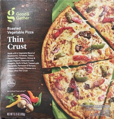 Roasted Vegetable Thin Crust Pizza With A Vegetable Blend Of Mushrooms, Tomatoes, Yellow Peppers, Red Peppers, Onions & Green Peppers; Seasoned With Oregano, Garlic & Basil; Topped With Mozzarella, Parmesan, Romano, And Asiago Cheeses, Roasted Vegetable