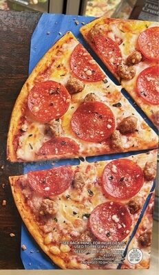 Pepperoni & Sausage Thin Crust Pizza Topped With Mozzarella, Parmesan & Romano Cheeses And Sprinkled With Basil, Pepperoni & Sausage