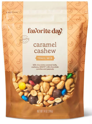 Caramel Cashew Milk Chocolate Caramel Balls, Cashews, M&M's Milk Chocolate Candies And Peanuts Trail Mix, Caramel Cashew