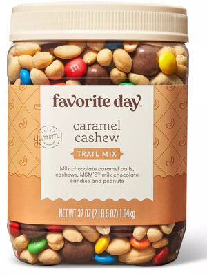 Caramel Cashew Milk Chocolate Caramel Balls, Cashews, M&M's Milk Chocolate Candies And Peanuts Trail Mix, Caramel Cashew